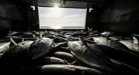 Freshly caught tuna fish, including skipjack and yellowfin, piled high in the dark hold of a fishing vessel. the ocean and bright sun are visible through the open hatch, highlighting the abundance of the catch.の素材