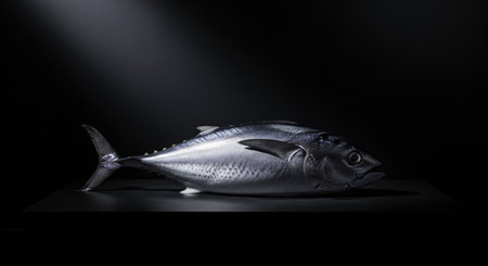 Whole fresh fish with gleaming silver scales, dramatically illuminated against a deep black background, emphasizing its sleek form.の素材