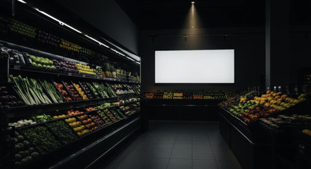 Empty dark grocery store aisle featuring shelves stocked with colorful fresh fruits and vegetables, with a prominent blank advertising screen on the wall.の素材
