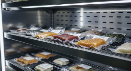 Vacuum sealed fresh salmon and tuna fillets neatly arranged on a metal shelf inside a modern commercial refrigerator, ensuring food preservation and quality.の素材