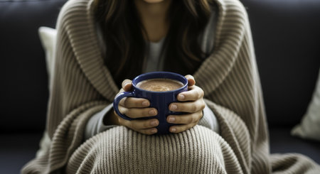 Woman hands gently cupping a blue ceramic mug filled with hot cocoa, wrapped in a warm knitted blanket on a couch, conveying comfort and relaxation.の素材