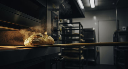Golden brown artisan sourdough loaf steaming on a wooden peel, being placed into a hot commercial oven in a professional bakery kitchen.の素材