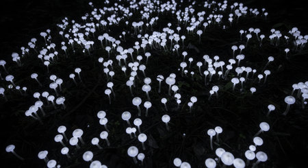 Numerous small, white, glowing bioluminescent mushrooms illuminating the dark ground at night, creating a magical and mysterious natural light display.の素材