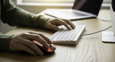 Man hands actively typing on a white computer keyboard and operating a red mouse on a light wooden desk. focus on technology, work, and productivity.の素材
