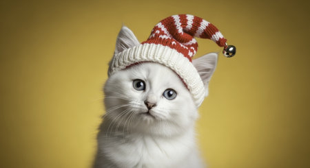Adorable fluffy white kitten wearing a red and white knitted winter hat with a tiny bell, captured in a professional studio portrait. perfect for holiday, christmas, or pet related themes.の素材