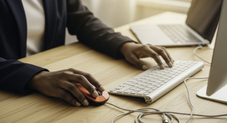 Professional woman hands typing on a computer keyboard and operating a red mouse on a light wooden desk, symbolizing office work and productivity.の素材