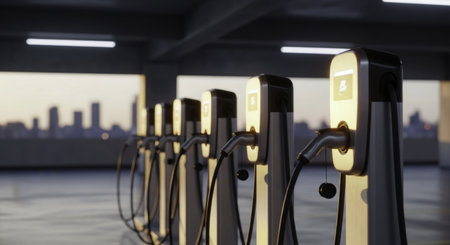Multiple electric vehicle charging stations lined up in a modern parking facility, ready for sustainable transportation and future energy.の素材