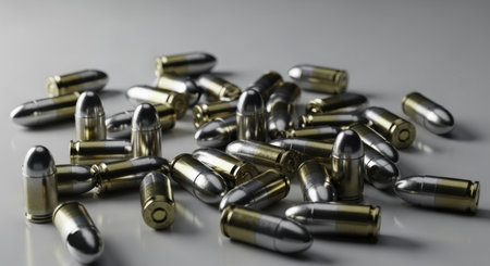 Silver tipped bullets with brass casings scattered across a light grey surface, symbolizing concepts of weaponry, defense, and conflict.の素材