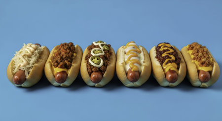 Six gourmet hot dogs in a row, each with unique toppings like chili, cheese, mustard, sauerkraut, and jalapenos. perfect for fast food, american cuisine, and summer concepts.の素材