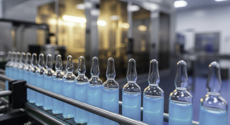 Pharmaceutical ampoules filled with blue liquid moving along an automated conveyor belt in a modern manufacturing facility, emphasizing mass production and quality.の素材