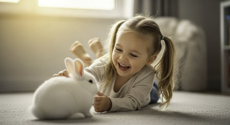 Little girl with blonde pigtails lying on a carpeted floor, laughing joyfully while gently petting a fluffy white rabbit. captures a moment of childhood happiness and animal companionship indoors.の素材