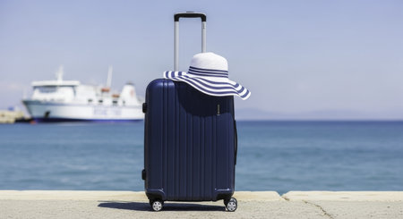 Dark blue hard shell suitcase with an extended handle and a white and blue striped hat resting on top, set on a concrete pier by the sea with a blurred ferry boat in the background under a clear sky.の素材