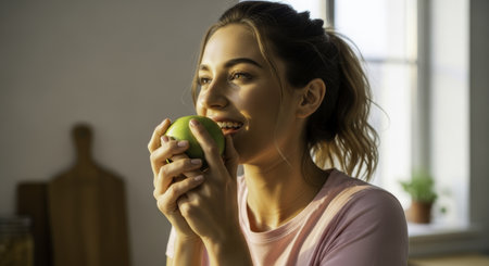 Smiling young woman enjoying a bite of a fresh green apple, illuminated by natural sunlight in a home kitchen setting, promoting healthy eating and wellness.の素材