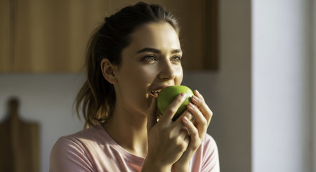 Young woman biting into a crisp green apple, promoting healthy eating, natural lifestyle, and wellness.の素材