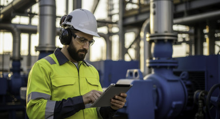 Bearded male engineer in hard hat, safety glasses, and high visibility jacket using a digital tablet at an industrial facility with pipes and machinery.の素材
