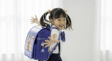 Smiling asian schoolgirl in uniform with a blue randoseru backpack, arms outstretched, expressing joy and readiness for education.の素材