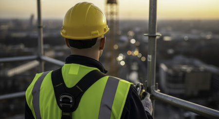 Man in yellow hard hat and high visibility vest on scaffolding, overlooking a blurred city skyline at sunset. represents safety, urban development, and engineering.の素材