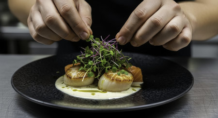 Chef hands meticulously garnishing a gourmet dish of seared scallops and salmon with fresh microgreens on a dark plate, showcasing fine dining preparation.の素材