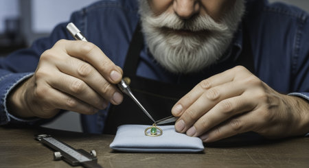 Elderly jeweler with white beard meticulously setting a green gemstone into a gold pendant using specialized tools in a professional workshop.の素材