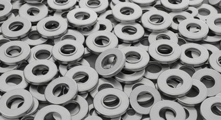 Scattered pile of shiny silver metallic industrial washers, close up view. reflective metal texture, engineering, and construction concept.の素材
