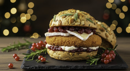 Gourmet holiday burger featuring a crispy fried patty, creamy brie cheese, and vibrant cranberry relish, served on a bun with herbs and red currants, set against festive bokeh lights.の素材