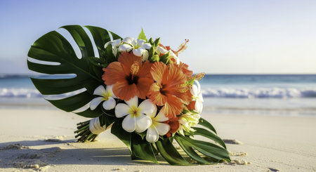 Vibrant tropical wedding bouquet featuring coral hibiscus, white plumeria, and green monstera leaf on a pristine white sand beach with ocean waves.の素材
