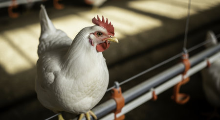 White hen perched on a metal bar in a clean, modern poultry farm. healthy chicken in a commercial farming environment, bathed in soft light.の素材