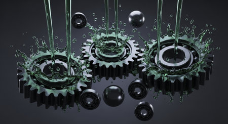 Metal gears and ball bearings lubricated with green oil, showing dynamic splashes and drops. represents industrial efficiency, maintenance, and smooth mechanical operation.の素材