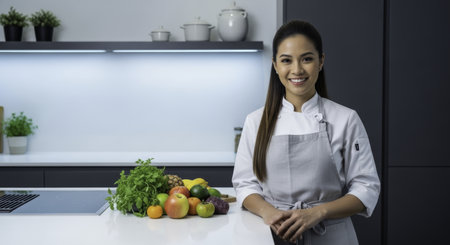 Smiling asian female chef in a modern kitchen, standing behind a counter with a vibrant assortment of fresh fruits and vegetables, representing healthy eating and culinary expertise.の素材