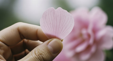 Single pink flower petal held gently by a hand, revealing its fragile texture and soft color with a blurred natural backdrop.の素材