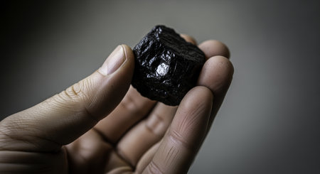 Man hand holding a raw, shiny black lump of coal. represents fossil fuel, energy production, mining, and carbon resources. concept of power and industry.の素材