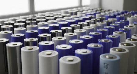 Rows of cylindrical rechargeable lithium ion batteries, highlighting their uniform design and essential role in modern energy storage and power solutions.の素材