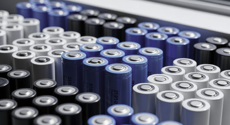 Numerous cylindrical lithium ion batteries arranged in rows, representing modern energy storage, electric power, and sustainable technology solutions.の素材