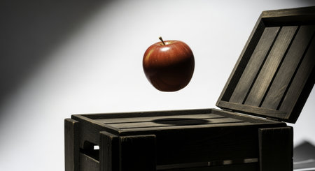 Vibrant red apple suspended in mid air above an open rustic wooden crate, illustrating concepts of levitation, gravity, and surprise.の素材