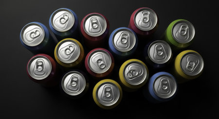 Fifteen empty aluminum soda cans with silver tops, displaying a variety of colors including red, blue, yellow, and green, arranged closely together on a dark surface from a top perspective.の素材