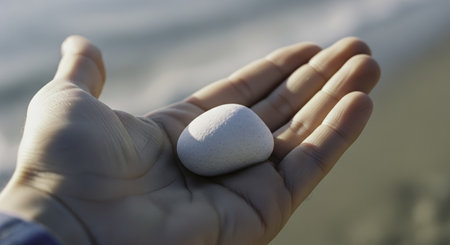 Human hand gently holding a smooth, round white pebble stone, with a blurred natural background, symbolizing peace and nature.の素材