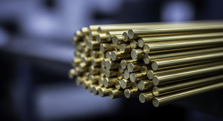 Shiny polished brass metal rods neatly stacked, showcasing their uniform length and smooth reflective ends. industrial material for manufacturing and construction.の素材