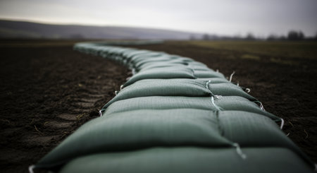 Green sandbags arranged in a curving line across dark, damp soil, creating a protective barrier against floodwaters and representing preparedness.の素材