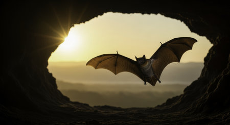Bat with outstretched wings flying from a dark cave entrance. bright sunrise illuminates the horizon, creating a dramatic silhouette against the sky.の素材