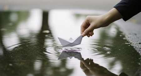 Hand gently placing a white paper boat into a clear puddle, creating small ripples on the water surface. symbolizes hope, new beginnings, and journey.の素材