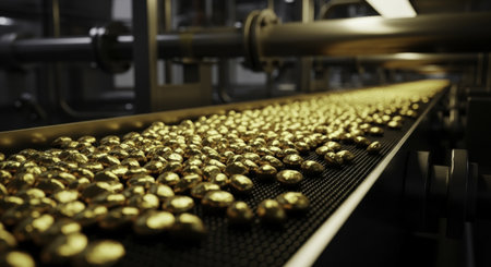Shiny gold nuggets are transported on a modern industrial conveyor belt within a factory, highlighting manufacturing and processing of precious metal.の素材