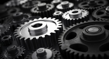 Detailed view of interconnected metal gears and cogs, showcasing intricate mechanics and industrial design. symbolizes teamwork, engineering, and precision.の素材