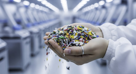 Hands in a white uniform holding a pile of colorful recycled plastic flakes in a clean industrial facility, representing sustainability and circular economy.の素材