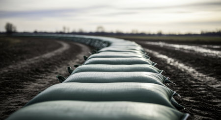 Long curving line of green sandbags forming a protective barrier on damp, muddy ground under an overcast sky, extending into the distance.の素材