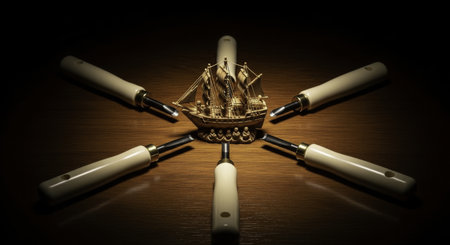 Intricately detailed hand carved wooden ship model surrounded by professional woodworking chisels. the radial arrangement on a dark, spotlighted wooden surface emphasizes precision craftsmanship and artistic skill.の素材