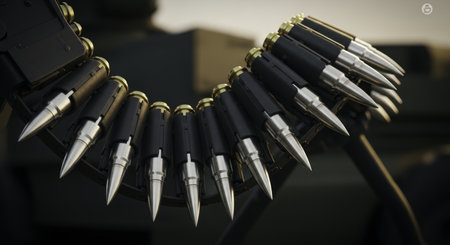 Machine gun ammunition belt with silver tipped bullets and brass casings, showcasing military power and defense readiness.の素材