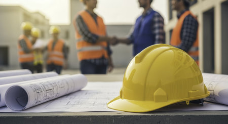 Yellow construction hard hat and rolled blueprints on a table at a building site. blurred engineers and workers are in the background, symbolizing planning, safety, and development.の素材