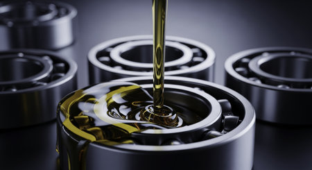 Close up of golden lubricating oil pouring onto a shiny metal ball bearing, with other bearings in the background. represents industrial maintenance, engineering, and efficiency.の素材