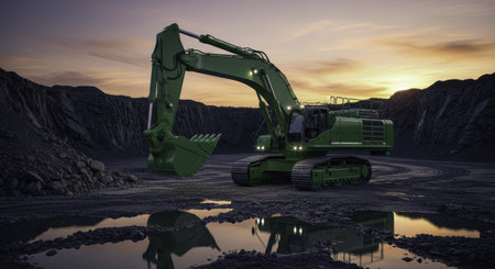 Green heavy duty excavator with a large bucket operating on a dark, rocky quarry site with puddles reflecting the sunset sky. industrial machinery for mining and construction.の素材