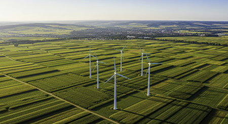 Wind turbines stand tall in a vast expanse of green agricultural fields, showcasing sustainable energy generation and modern farming practices from an aerial perspective.の素材